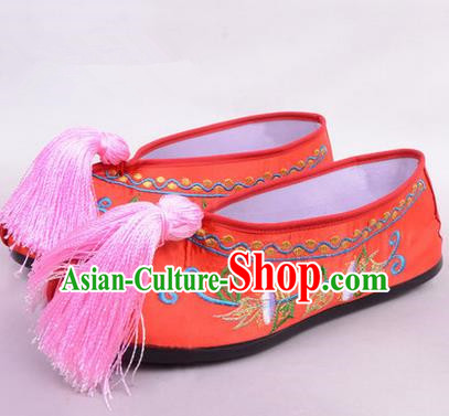 Chinese Ancient Peking Opera Young Lady Bride Embroidered Hua Tan Shoes, Traditional China Beijing Opera Princess Wedding Red Embroidered Shoes