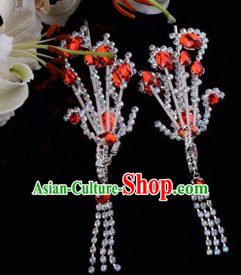 Chinese Ancient Peking Opera Hair Accessories Young Lady Diva Red Tassel Phoenix Hairpins, Traditional Chinese Beijing Opera Hua Tan Colorful Crystal Head Ornaments