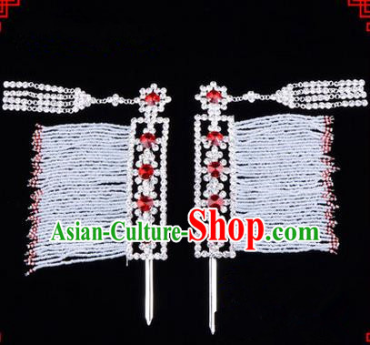 Chinese Ancient Peking Opera Hair Accessories Young Lady Diva Crystal Hairpins Red Temples Curtain, Traditional Chinese Beijing Opera Hua Tan Head Ornaments