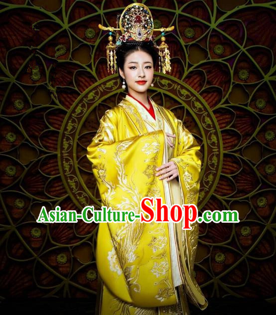 Traditional Ancient Chinese Imperial Empress Costume and Handmade Headpiece Complete Set, Elegant Hanfu Chinese Southern and Northern Dynasty Imperial Women Embroidered Trailing Clothing