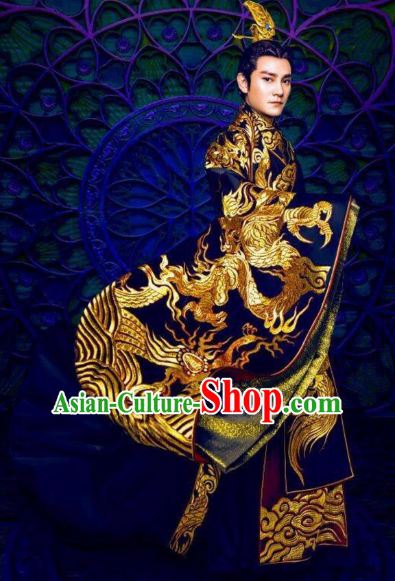 Traditional Ancient Chinese Emperor Costume and Handmade Headpiece Complete Set, Elegant Hanfu Chinese Southern and Northern Dynasty King Embroidered Dragon Robe