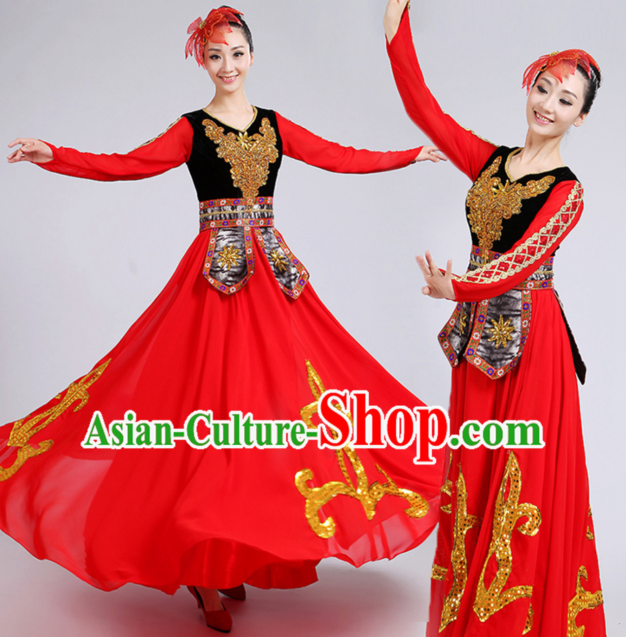 Red Traditional Xinjiang Folk Dance Costumes Chinese Minority Ethnic Stage Dance Dresses for Adults