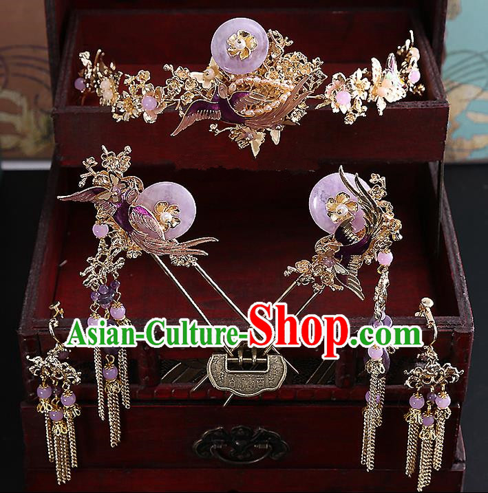 Top Grade Chinese Handmade Wedding Hair Accessories Complete Set, Traditional China Xiuhe Suit Bride Hairpins Hanfu Hair Comb Purple Tassel Step Shake Headdress for Women