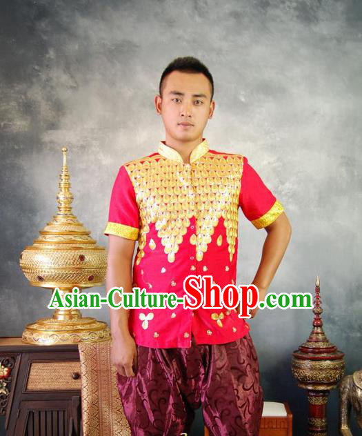 Traditional Traditional Thailand Male Clothing, Southeast Asia Thai Ancient Costumes Dai Nationality Red Blouse for Men