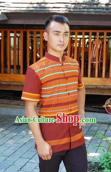 Traditional Traditional Thailand Male Clothing, Southeast Asia Thai Ancient Costumes Dai Nationality Coffee Shirt for Men