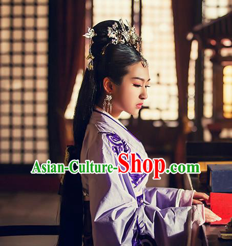 Traditional Ancient Chinese Female Embroidered Costume, Chinese Han Dynasty Palace Princess Purple Dress Hanfu Clothing for Women