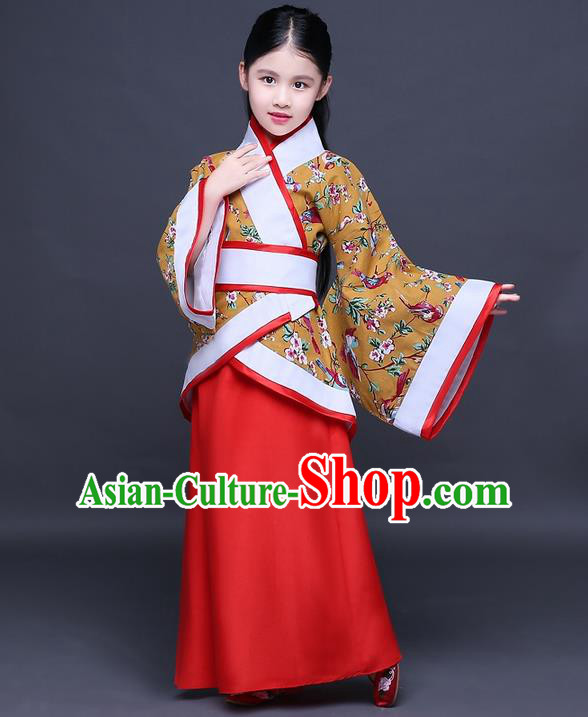 Traditional Ancient Chinese Imperial Princess Embroidery Costume, Children Elegant Hanfu Clothing Chinese Han Dynasty Golden Curve Bottom Dress Clothing for Kids