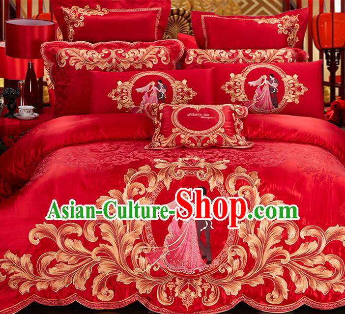 Traditional Asian Chinese Style Wedding Article Bedding Red Sheet Complete Set, Embroidery Bride Bridegroom Ten-piece Duvet Cover Satin Drill Textile Bedding Suit