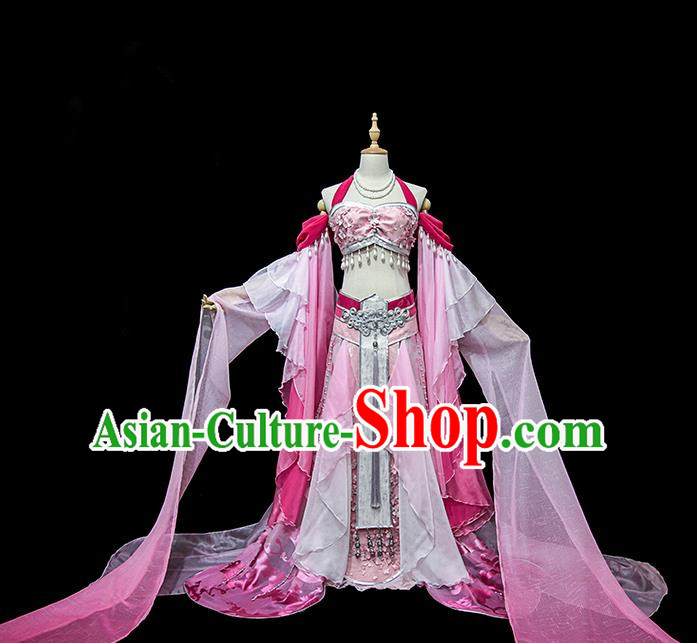 Traditional Ancient Chinese Palace Lady Embroidered Dance Costume, Chinese Tang Dynasty Princess Pink Water Sleeve Dress Hanfu Clothing for Women