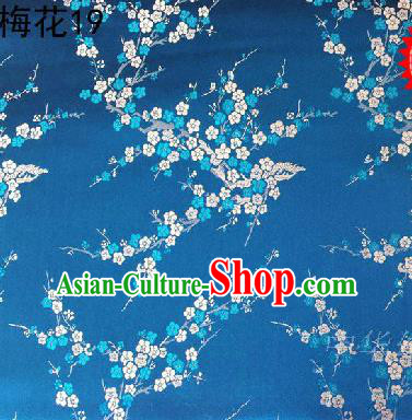 Asian Chinese Traditional Embroidery White Plum Blossom Blue Silk Fabric, Top Grade Brocade Embroidered Tang Suit Hanfu Dress Fabric Cheongsam Cloth Material