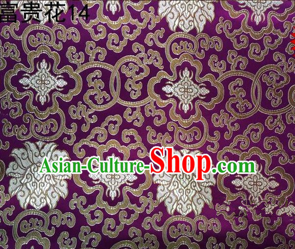 Asian Chinese Traditional Golden Riches and Honour Flowers Embroidered Purple Silk Fabric, Top Grade Arhat Bed Brocade Satin Tang Suit Hanfu Dress Fabric Cheongsam Cloth Material
