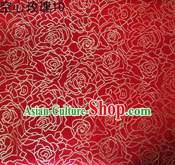 Asian Chinese Traditional Jacquard Weave Embroidered Golden Rose Flowers Red Satin Silk Fabric, Top Grade Brocade Tang Suit Hanfu Coat Dress Fabric Cheongsam Cloth Material