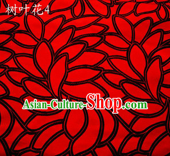 Asian Chinese Traditional Handmade Embroidery Black Leaf Pattern Satin Wedding Silk Fabric, Top Grade Nanjing Brocade Tang Suit Hanfu Fabric Cheongsam Red Cloth Material