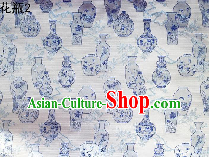 Traditional Asian Chinese Handmade Embroidery Blue Vase Satin Blue Silk Fabric, Top Grade Nanjing Brocade Tang Suit Hanfu Clothing Fabric Cheongsam Cloth Material