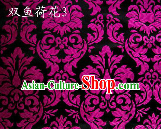 Traditional Asian Chinese Handmade Embroidery Purple Lotus Flowers Fishes Satin Black Silk Fabric, Top Grade Nanjing Brocade Tang Suit Hanfu Wedding Tibetan Clothing Fabric Cheongsam Cloth Material