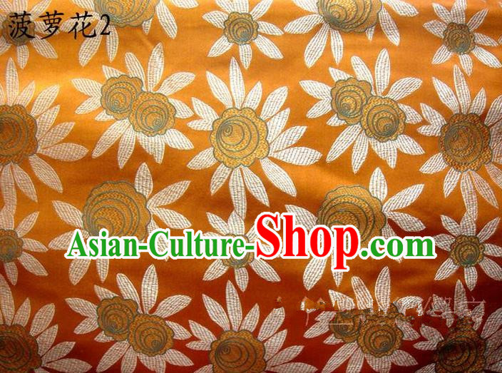 Traditional Asian Chinese Handmade Embroidery Pineapple Flowers Satin Yellow Silk Fabric, Top Grade Nanjing Brocade Tang Suit Hanfu Tibetan Clothing Fabric Cheongsam Cloth Material