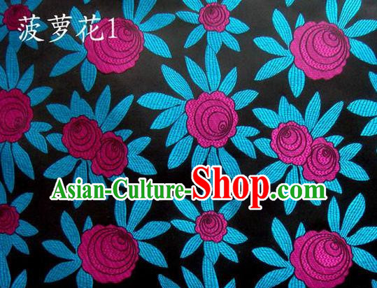 Traditional Asian Chinese Handmade Embroidery Pineapple Flowers Satin Black Silk Fabric, Top Grade Nanjing Brocade Tang Suit Hanfu Tibetan Clothing Fabric Cheongsam Cloth Material