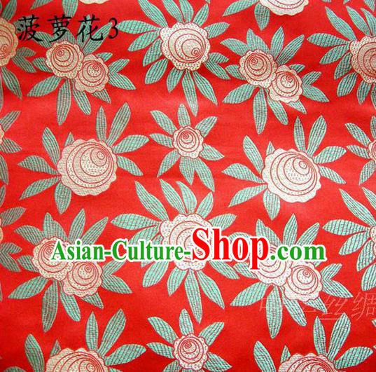 Traditional Asian Chinese Handmade Embroidery Pineapple Flowers Satin Red Silk Fabric, Top Grade Nanjing Brocade Tang Suit Hanfu Tibetan Clothing Fabric Cheongsam Cloth Material