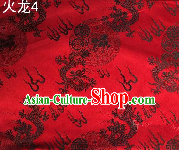 Traditional Asian Chinese Handmade Embroidery Fire Dragons Satin Tang Suit Wine Red Silk Fabric, Top Grade Nanjing Brocade Ancient Costume Hanfu Clothing Fabric Cheongsam Cloth Material