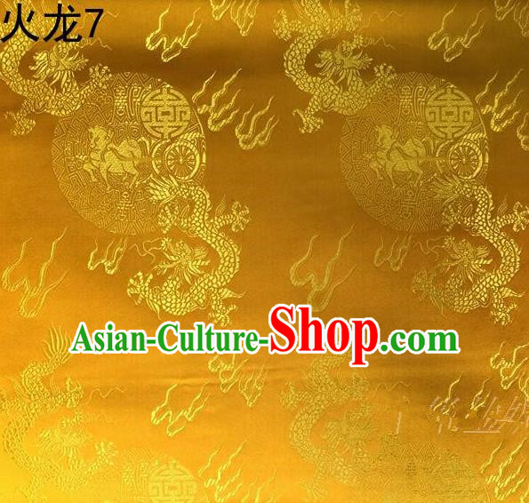 Traditional Asian Chinese Handmade Embroidery Fire Dragons Satin Tang Suit Golden Silk Fabric, Top Grade Nanjing Brocade Ancient Costume Hanfu Clothing Fabric Cheongsam Cloth Material