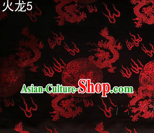 Traditional Asian Chinese Handmade Embroidery Red Fire Dragons Satin Tang Suit Black Silk Fabric, Top Grade Nanjing Brocade Ancient Costume Hanfu Clothing Fabric Cheongsam Cloth Material