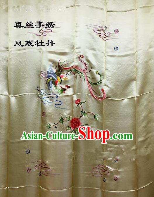 Traditional Asian Chinese Handmade Embroidery Phoenix Peony Quilt Cover Silk Tapestry Golden Fabric Drapery, Top Grade Nanjing Brocade Bed Sheet Cloth Material