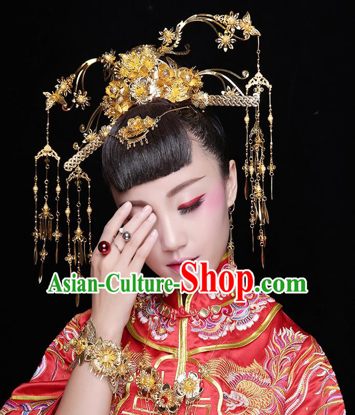 Asian Chinese Ancient Style Hair Jewelry Accessories Wedding Headwear, Hanfu Xiuhe Suits Bride Handmade Tassel Phoenix Coronet Hair Fascinators Complete Set for Women