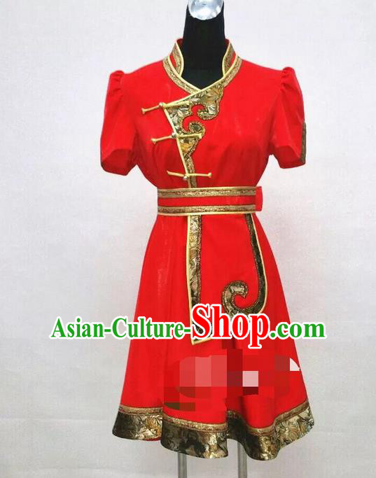 Traditional Chinese Mongol Nationality Dance Costume Handmade Red Mongolian Robe, China Mongolian Minority Nationality Dress Clothing for Women