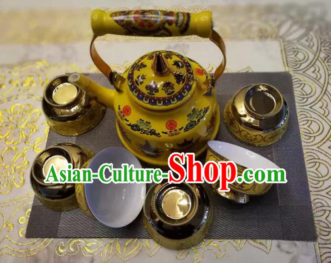 Traditional Handmade Chinese Mongol Nationality Crafts Tea Set, China Mongolian Minority Nationality Teaware Teapot and Teacup