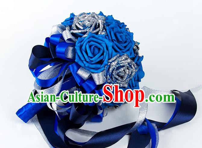 Top Grade Classical Wedding Bride Blue Rose Flowers Holding Emulational Flowers Ball, Hand Tied Bouquet Flowers for Women