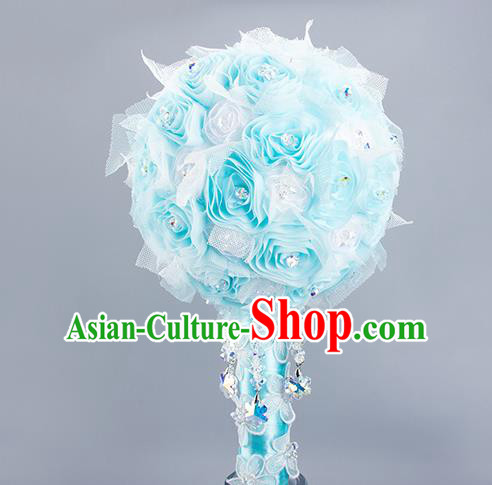 Top Grade Classical Wedding Bride Extravagant Blue Crystal Rose Flowers Holding Emulational Flowers Ball, Frozen Hand Tied Bouquet Flowers for Women