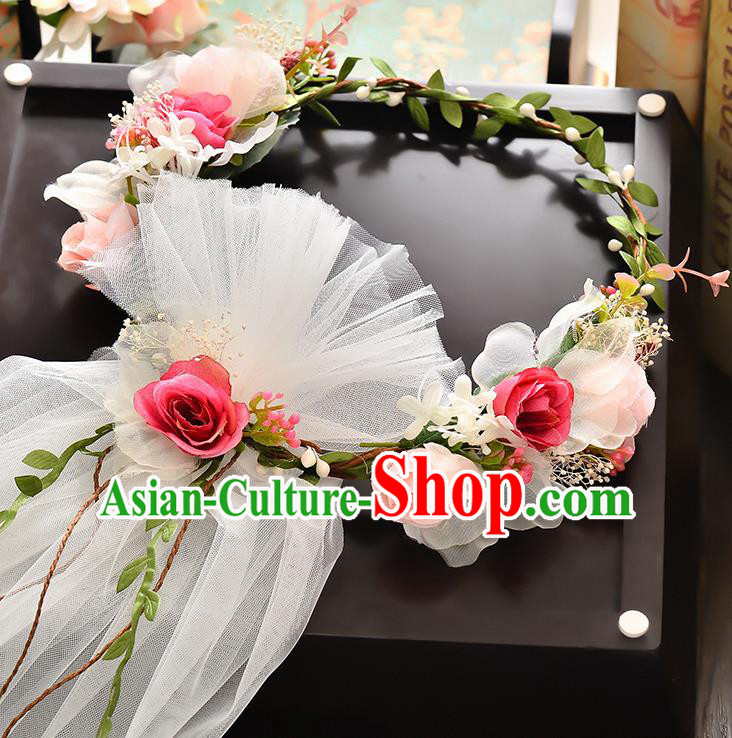 Top Grade Handmade Chinese Classical Hair Accessories Baroque Style Wedding Rosy Flowers Headband and Veil, Bride Hair Sticks Hair Clasp for Women