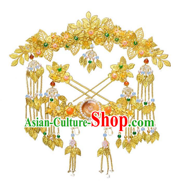 Traditional Handmade Chinese Wedding Xiuhe Suit Bride Hair Accessories Golden Tassel Hairpins Complete Set, Step Shake Hanfu Phoenix Coronet Hairpins for Women