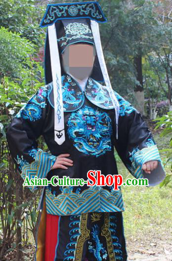 Traditional China Beijing Opera Takefu Costume Imperial Bodyguard Black Embroidered Robe and Hat, Ancient Chinese Peking Opera Embroidery Gwanbok Clothing