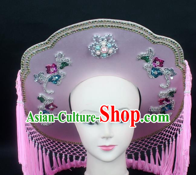 Traditional China Beijing Opera Hair Accessories Fisher-Woman Pink Hat, Ancient Chinese Peking Opera Swordplay Helmet Headwear