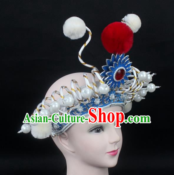 Traditional China Beijing Opera Swordplay Hair Accessories Pearls Hat, Ancient Chinese Peking Opera Blues Headwear