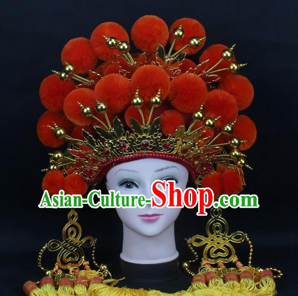 Traditional China Beijing Opera Young Lady Hair Accessories Female General Helmet, Ancient Chinese Peking Opera Swordplay Orange Venonat Headwear