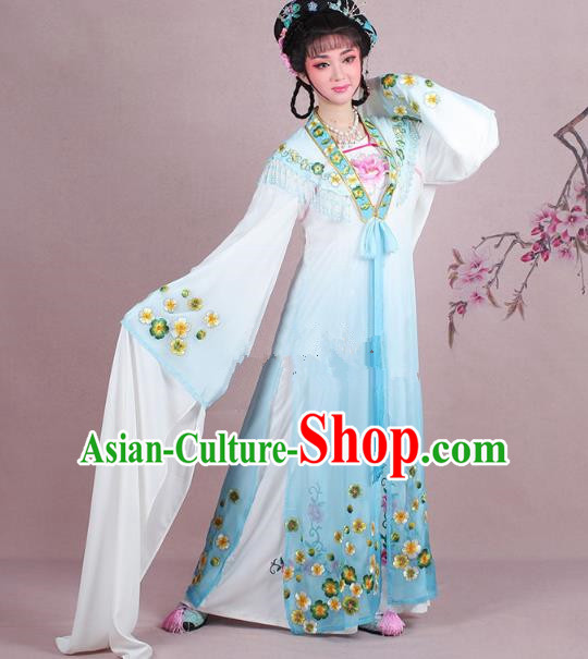 Traditional China Beijing Opera Young Lady Costume Embroidered Blue Fairy Dress, Ancient Chinese Peking Opera Diva Embroidery Plum Blossom Clothing