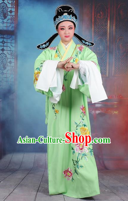 Traditional China Beijing Opera Niche Costume Gifted Scholar Green Embroidered Robe and Hat, Ancient Chinese Peking Opera Young Men Embroidery Peony Clothing