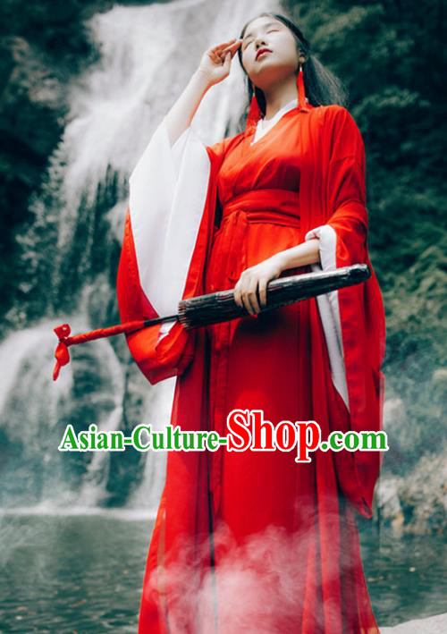 Traditional Chinese Han Dynasty Chivalrous Woman Costume, Elegant Hanfu Clothing Chinese Ancient Swordswoman Red Dress Clothing