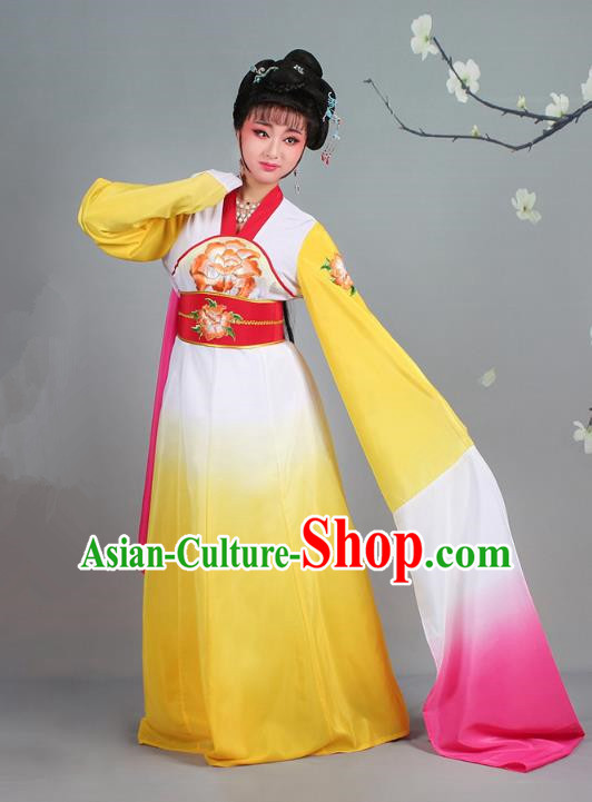 Traditional China Beijing Opera Palace Lady Hua Tan Costume Gradient Yellow Water Sleeve Dress, Ancient Chinese Peking Opera Diva Senior Concubine Embroidery Clothing