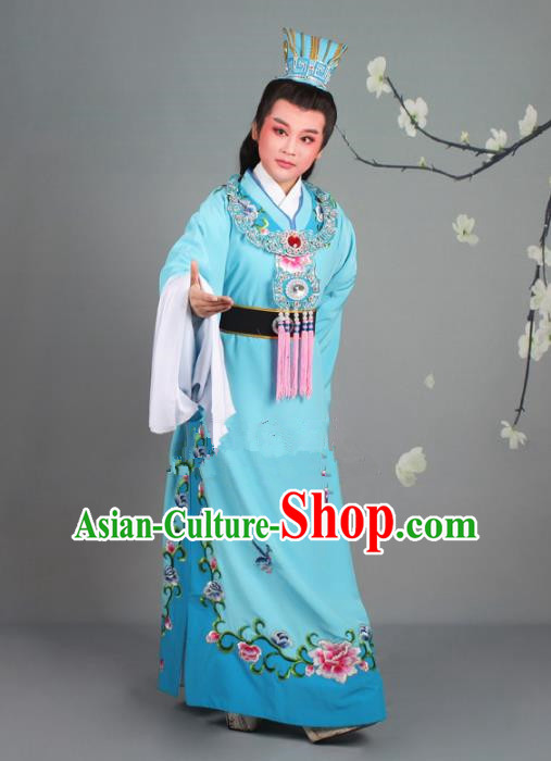 Traditional China Beijing Opera Niche Costume Gifted Scholar Jia Baoyu Blue Embroidered Robe and Hat, Ancient Chinese Peking Opera Young Men Embroidery Peony Clothing