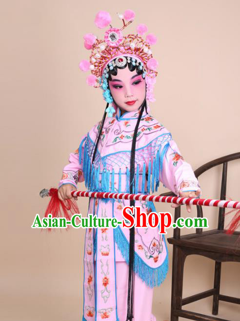 Traditional China Beijing Opera Swordplay Costume Female Warriors Pink Embroidered Robe with Cloak, Ancient Chinese Peking Opera Blues Embroidery Clothing for Kids