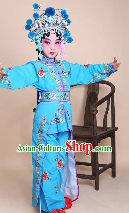 Traditional China Beijing Opera Swordplay Costume Female Warriors Blue Embroidered Robe and Headwear, Ancient Chinese Peking Opera Blues Embroidery Clothing for Kids