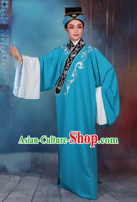 Top Grade Professional Beijing Opera Niche Costume Scholar Blue Robe and Hat, Traditional Ancient Chinese Peking Opera Embroidery Clothing