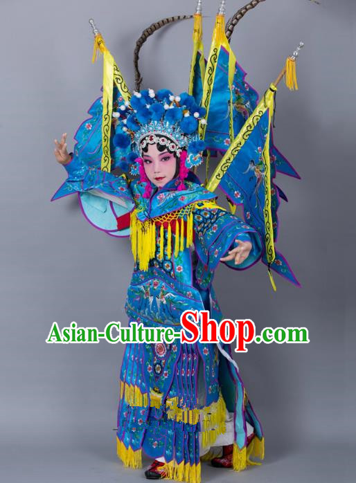 Traditional China Beijing Opera Female General Costume and Headwear Complete Set, Ancient Chinese Peking Opera Swordplay Military Officer Embroidery Blue Clothing for Kids