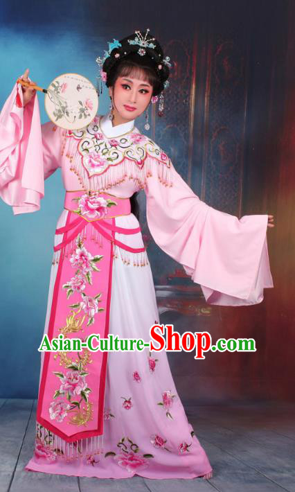 Top Grade Professional Beijing Opera Diva Costume Hua Tan Pink Embroidered Dress, Traditional Ancient Chinese Peking Opera Princess Embroidery Peony Clothing