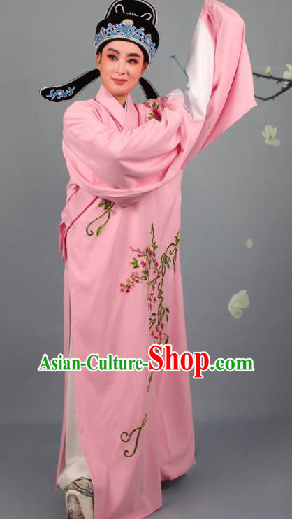 Top Grade Professional Beijing Opera Niche Costume Gifted Scholar Pink Embroidered Robe and Headwear, Traditional Ancient Chinese Peking Opera Embroidery Roses Clothing