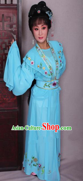 Top Grade Professional Beijing Opera Hua Tan Costume Blue Embroidered Dress, Traditional Ancient Chinese Peking Opera Diva Embroidery Clothing