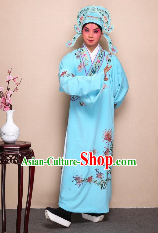 Top Grade Professional Beijing Opera Niche Costume Gifted Scholar Light Blue Embroidered Chrysanthemum Robe, Traditional Ancient Chinese Peking Opera Embroidery Clothing